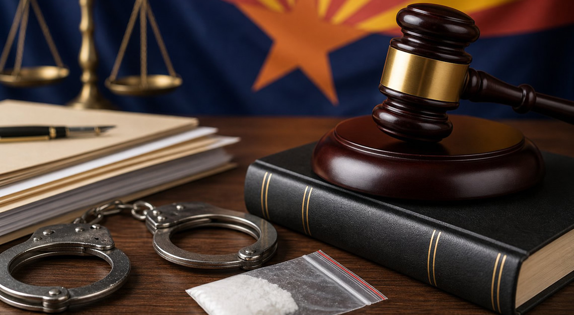 A judge's gavel on a legal book with the Arizona state flag in the background, alongside handcuffs and a small evidence bag on a wooden desk.
