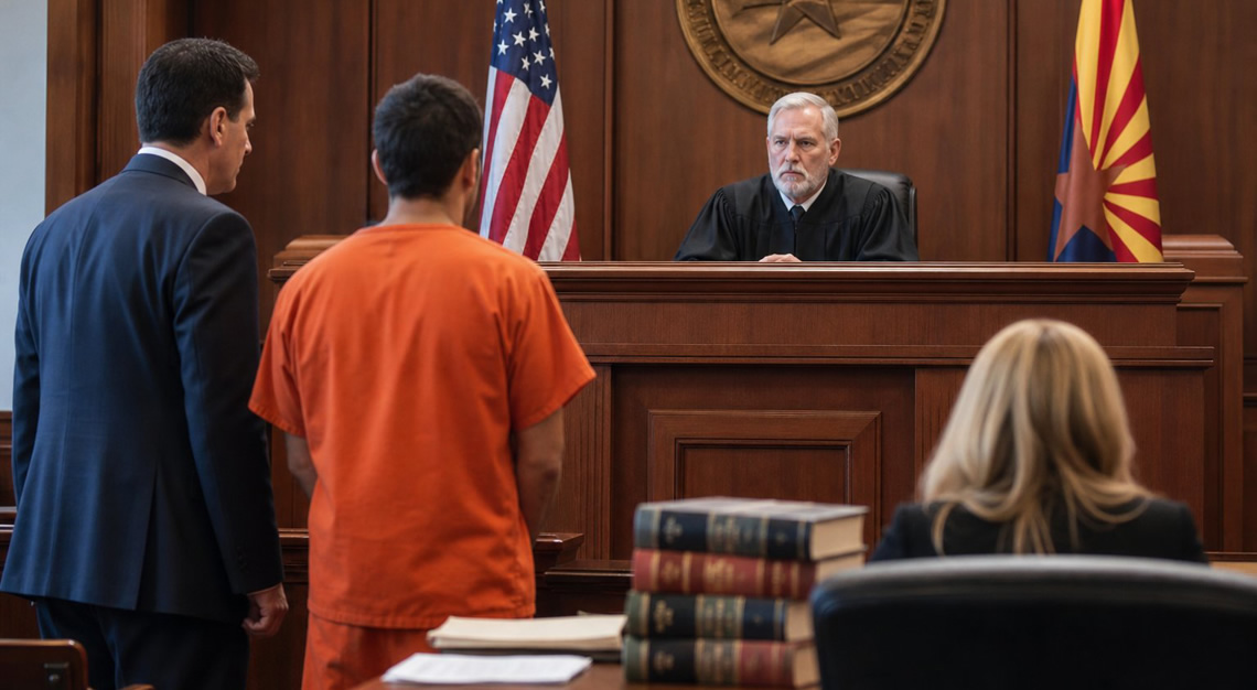 A courtroom scene with a judge, a defendant, and a lawyer during legal proceedings related to drug crimes in Arizona.