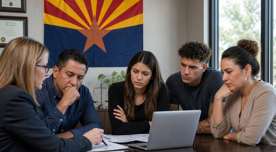 A group of adults in an office discussing legal documents with an Arizona state flag in the background.