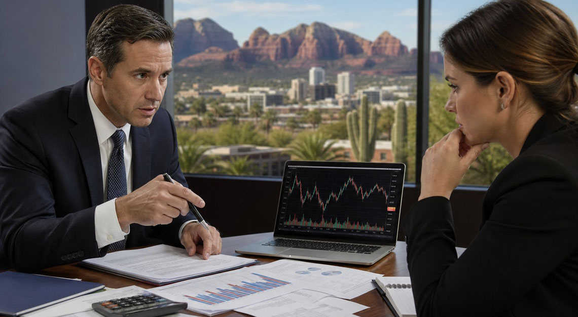 Two business professionals discussing financial documents in an office with a view of an Arizona city and desert landscape.