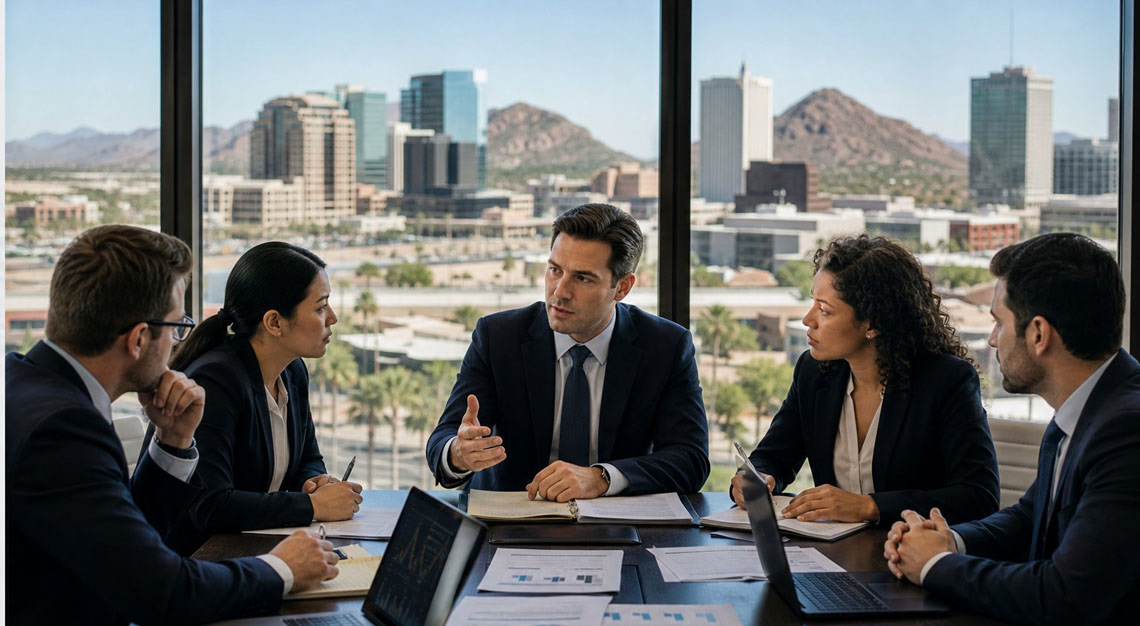 Business professionals in a modern office discussing financial documents with a cityscape visible through the window.
