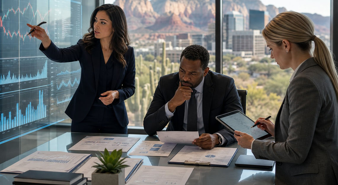 Business professionals analyzing financial data in a modern office with a view of Arizona cityscape and desert landmarks.