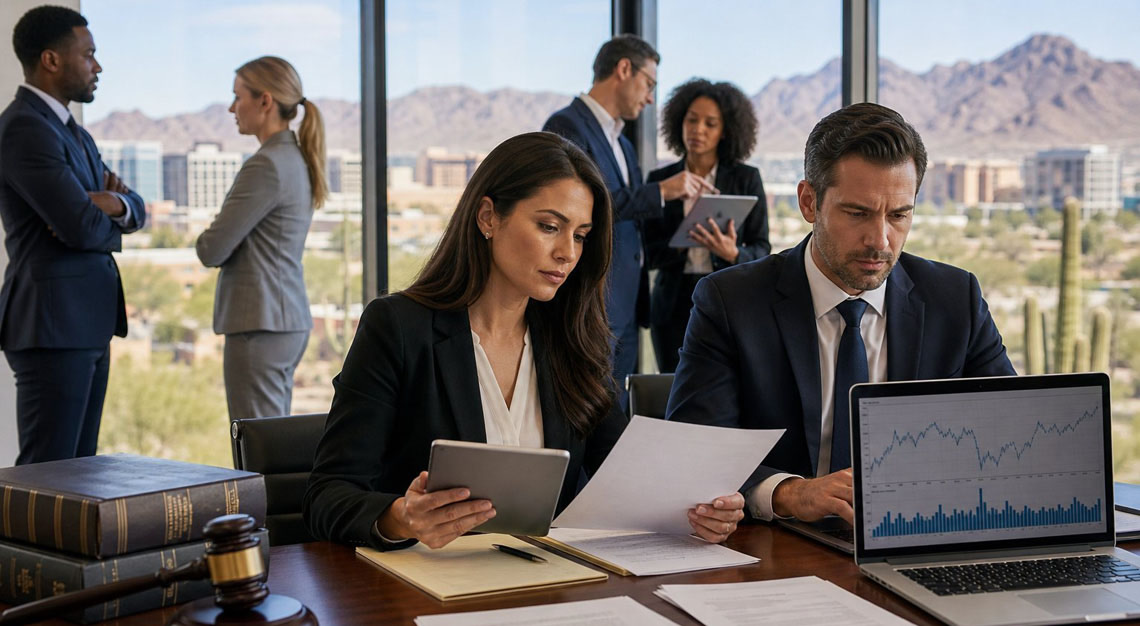 Business professionals reviewing financial documents and charts in a modern office with a cityscape and desert mountains in the background.