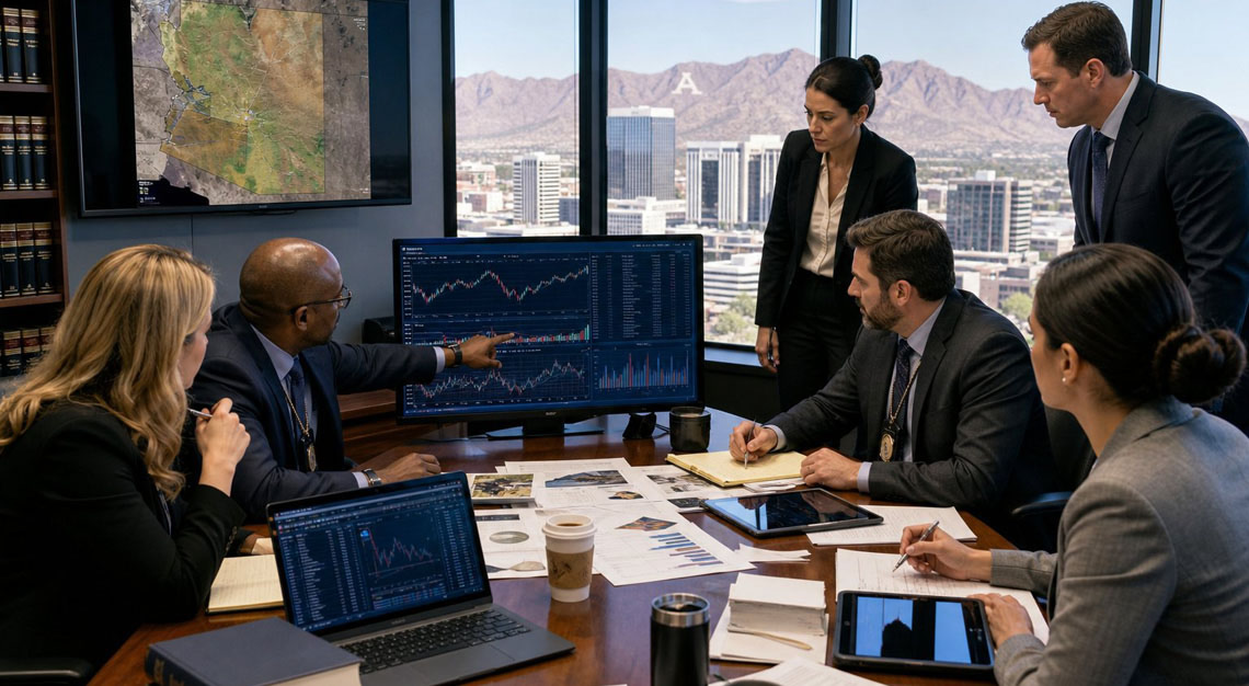 A group of government agents and financial analysts working together around a conference table reviewing financial data and documents in an office with a city view.