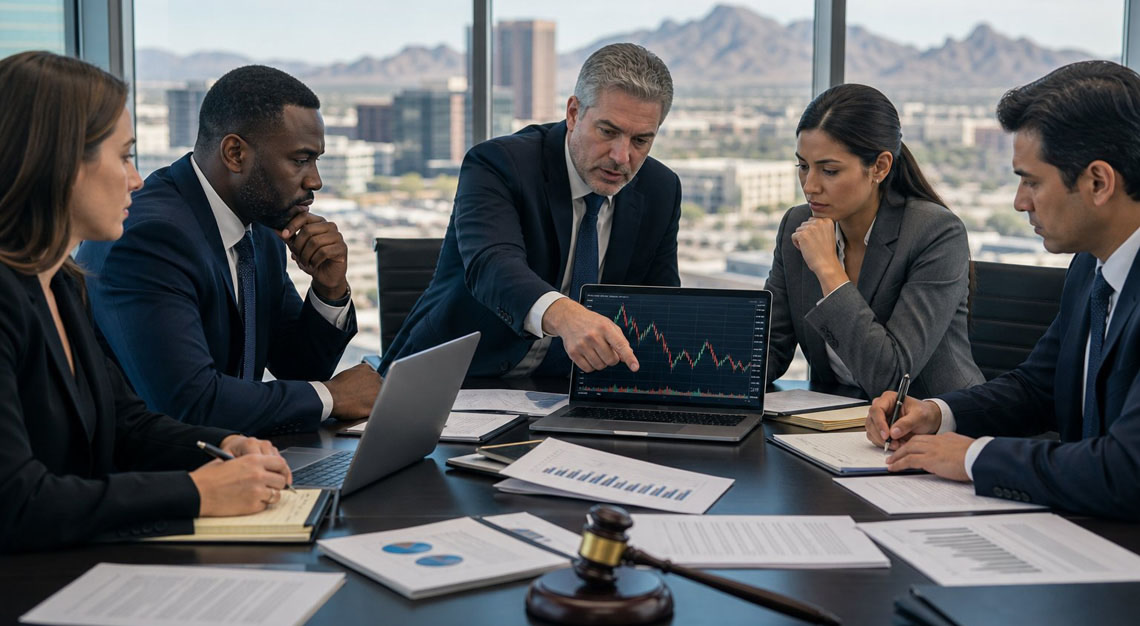 A group of professionals in a modern office reviewing financial documents and stock charts with a gavel on the table, indicating legal and financial discussions.