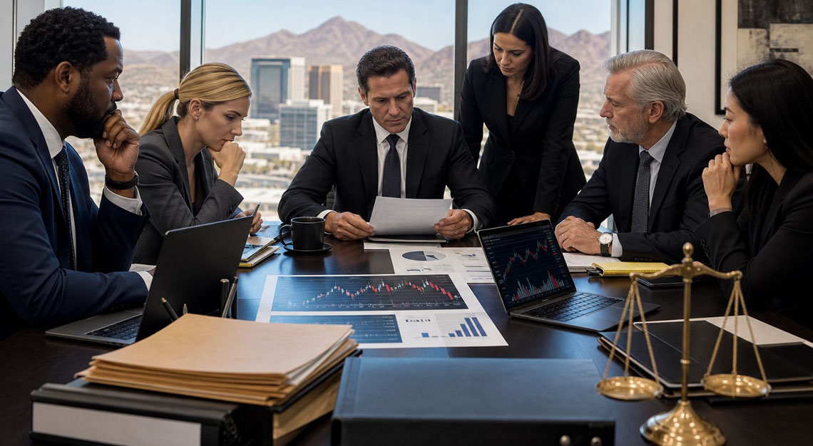 A group of professionals in a meeting room discussing legal and financial documents with a city view in the background.