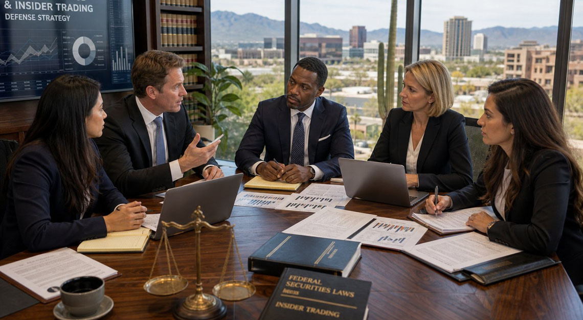 A team of lawyers discussing documents and financial charts around a conference table in a modern office with a city view and desert plants outside.
