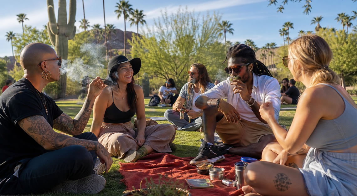 A group of adults casually socializing and smoking marijuana outdoors in a sunny Arizona park with desert plants in the background.