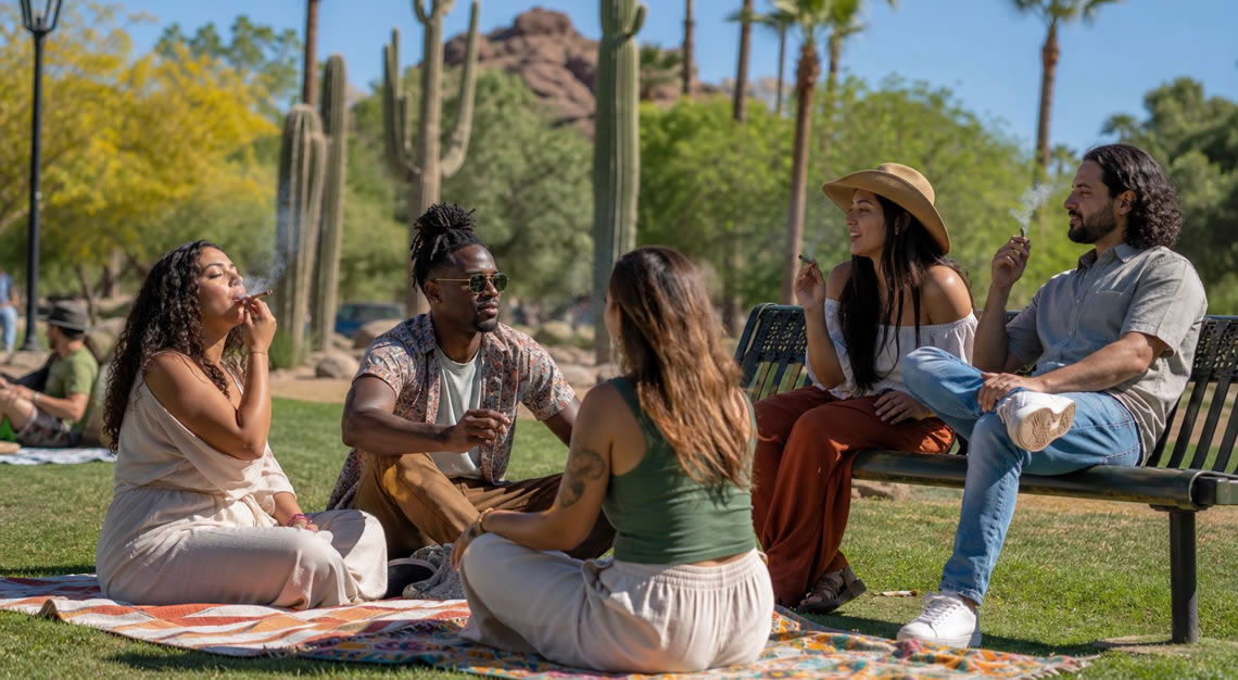 A group of adults smoking marijuana outdoors in a sunny Arizona park with desert plants in the background.