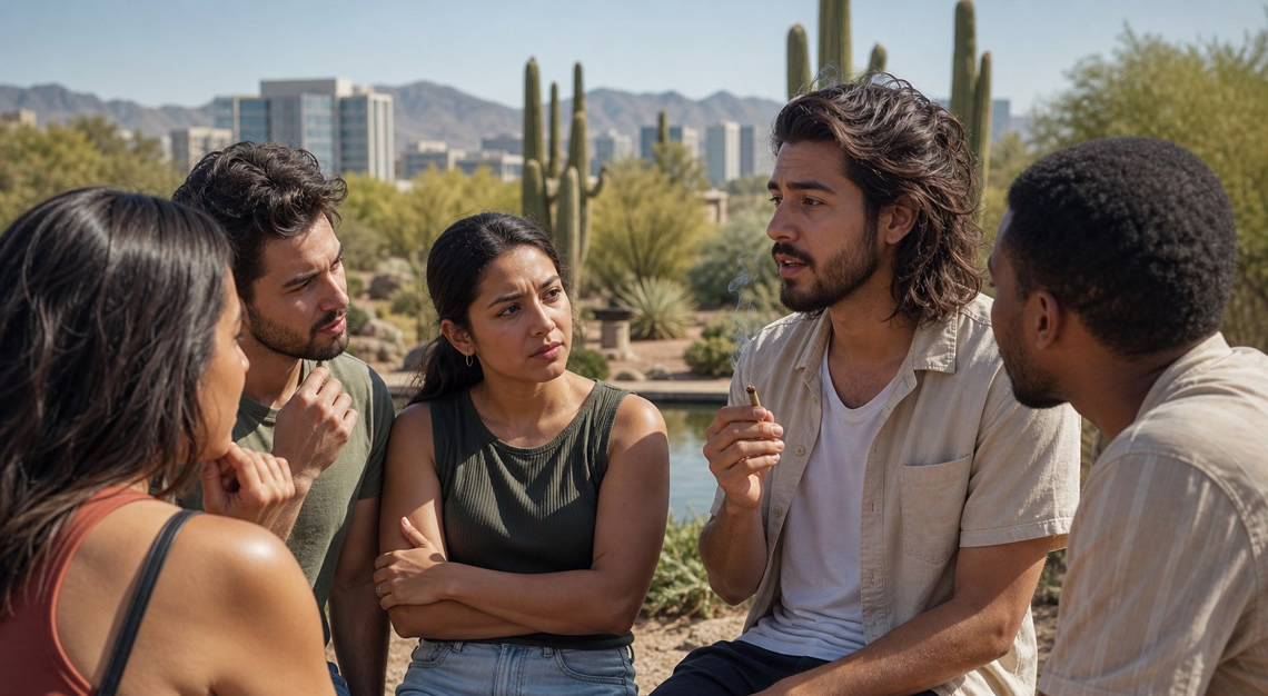 A group of adults in an outdoor park in Arizona, with one person discreetly holding a marijuana joint while others talk nearby.