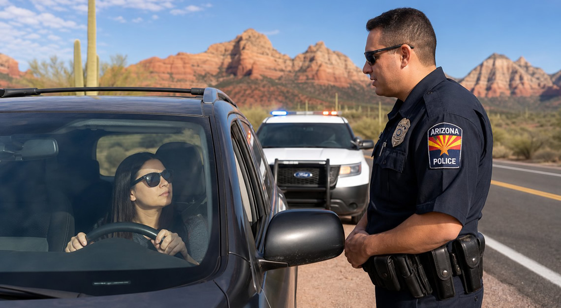 A police officer talks to a driver during a traffic stop on a desert highway in Arizona.