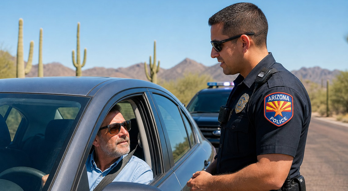 A police officer in Arizona talking to a driver during a traffic stop on a sunny day with desert scenery in the background.