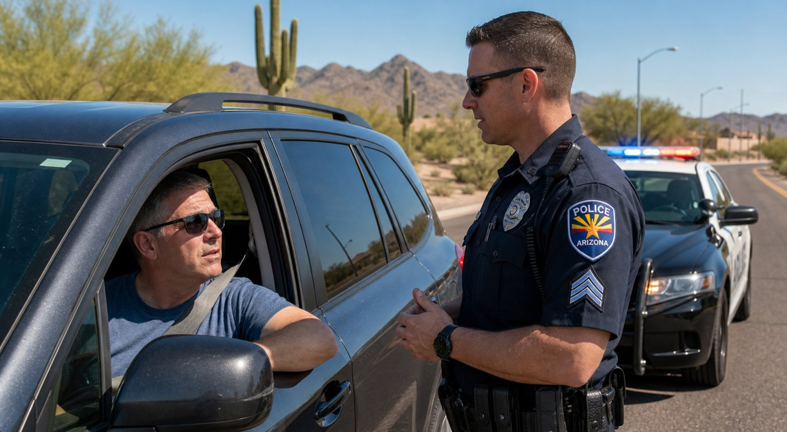A police officer talks to a driver during a traffic stop on a sunny road with desert plants in the background.
