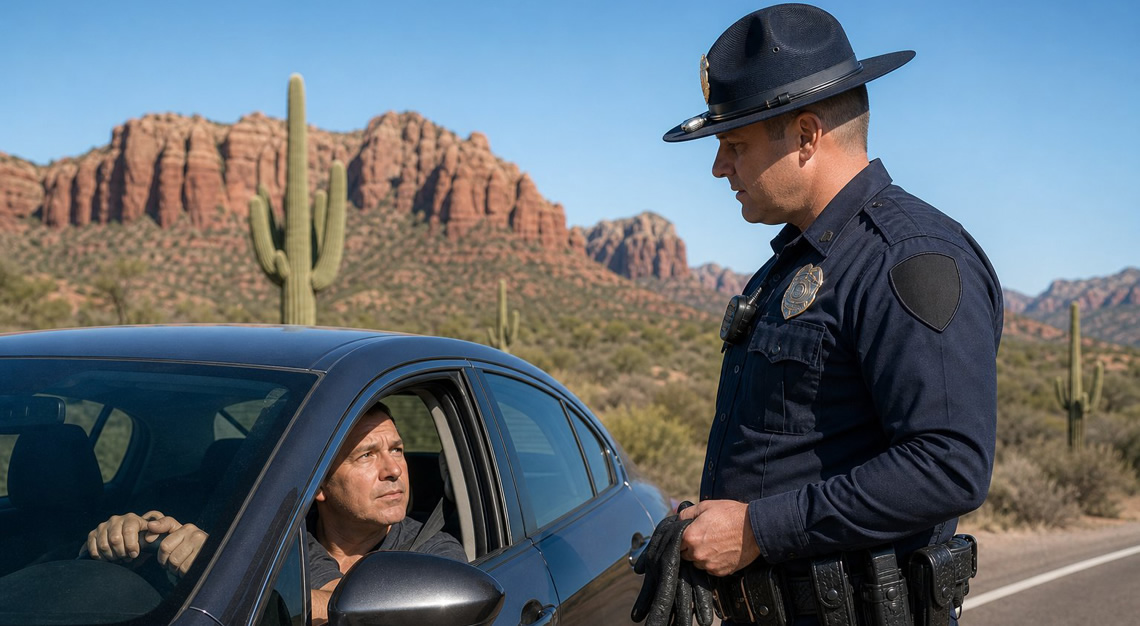 An Arizona police officer talks to a driver during a traffic stop on a desert highway with red rocks and cacti in the background.