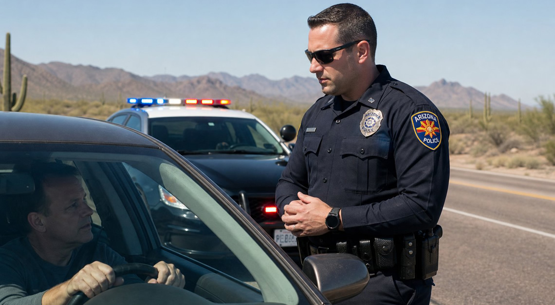 A police officer talks to a driver during a traffic stop in Arizona with a patrol car and desert landscape in the background.