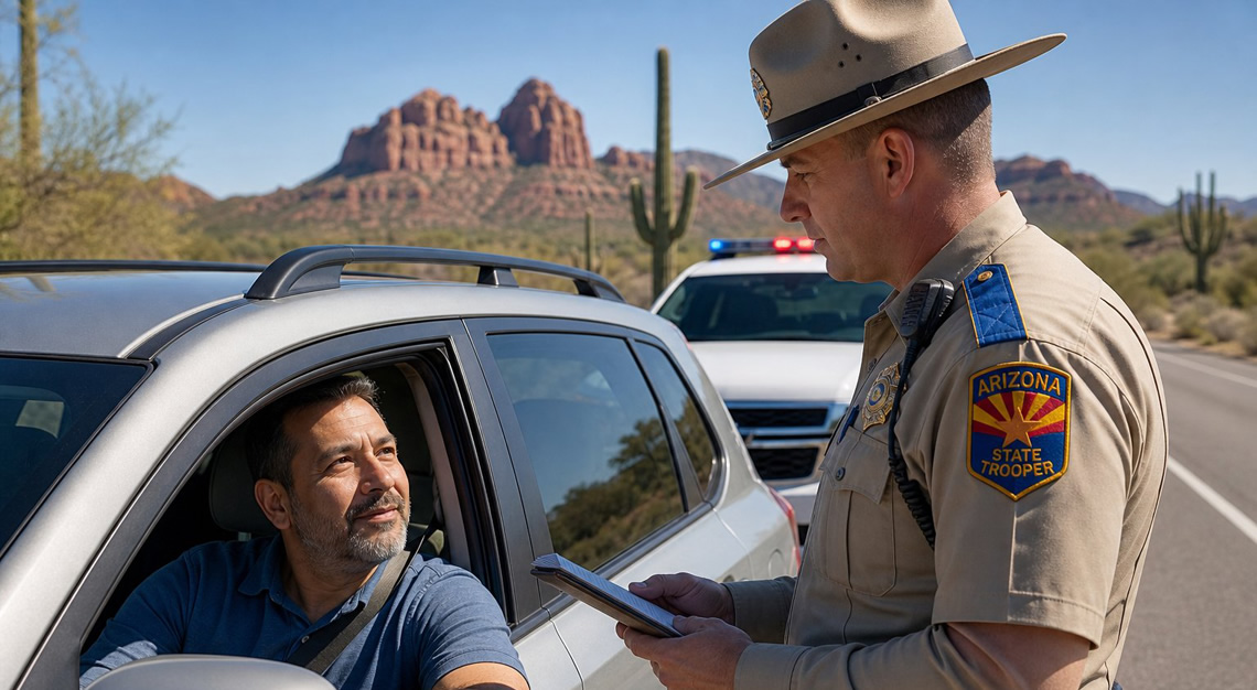 An Arizona police officer talks to a driver during a daytime traffic stop on a desert highway.