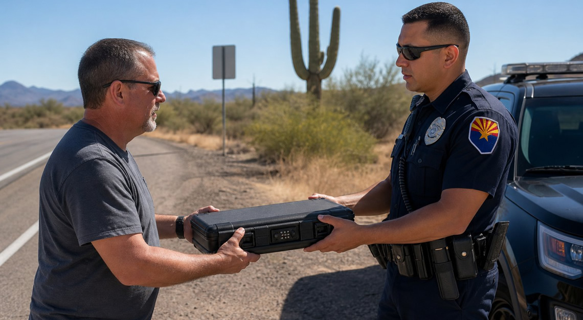 A police officer and a civilian exchanging a secured firearm during a traffic stop on a highway in a desert area of Arizona.