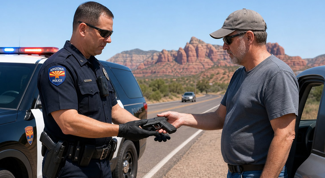 A police officer and a man calmly exchanging a firearm during a traffic stop on a desert roadside in Arizona.