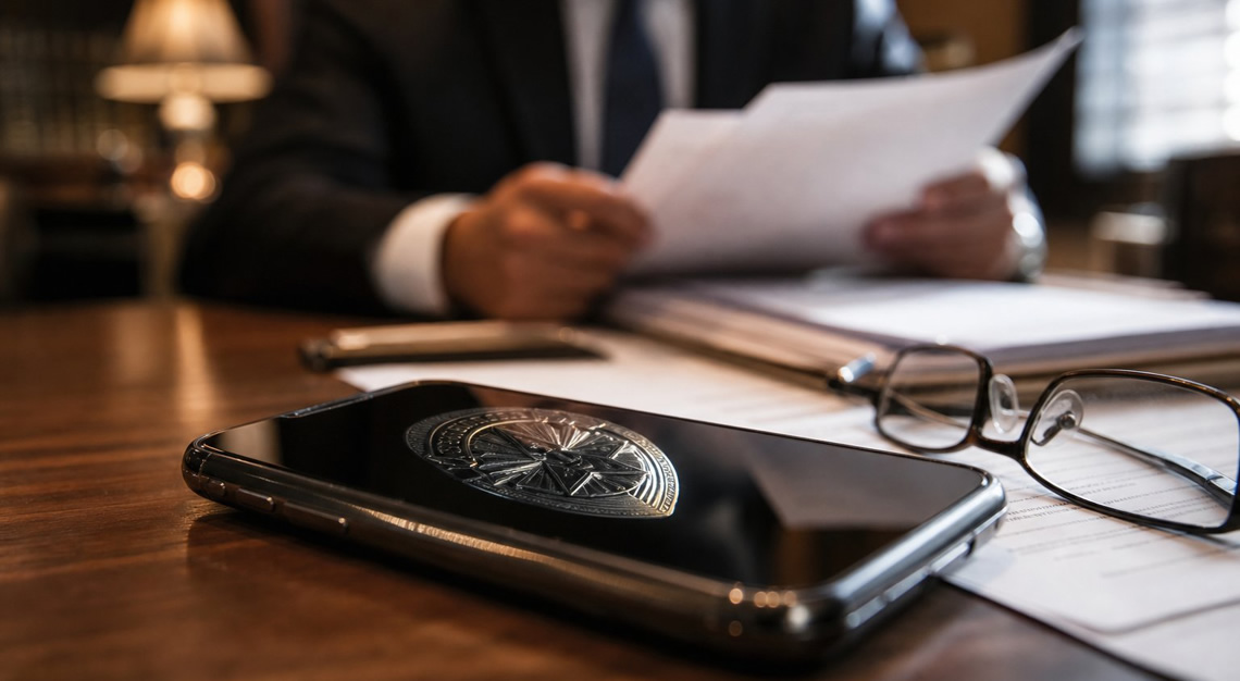A smartphone on a desk with legal documents and a person reviewing papers in the background.
