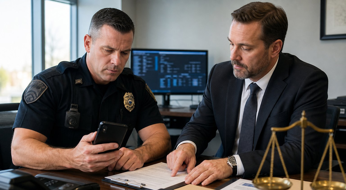 A police officer and a lawyer reviewing legal documents together in an office, focusing on a smartphone and paperwork.