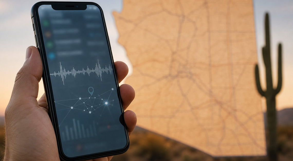 Close-up of a person holding a smartphone with a blurred Arizona state map in the background.