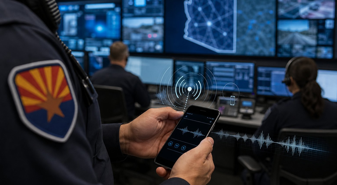 Police officer holding a smartphone in a high-tech surveillance room with multiple monitors showing maps and communication data.