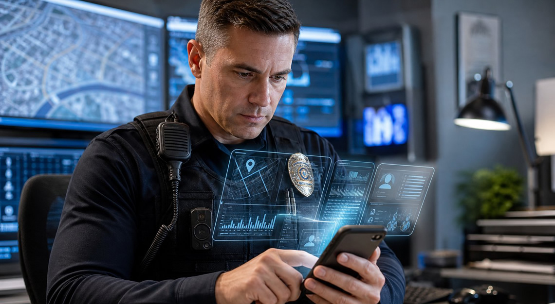 A police officer in uniform examining a smartphone at a desk with computer screens and documents in the background.