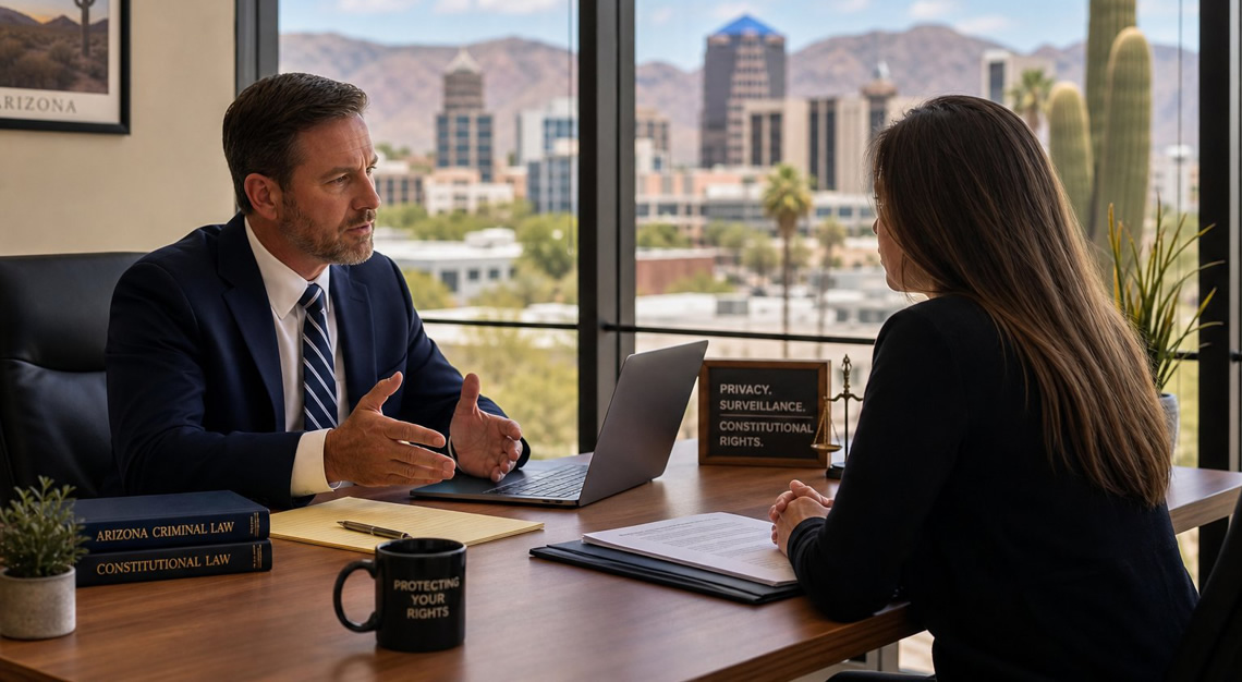 A lawyer and client having a serious discussion in a modern office with an Arizona cityscape visible through the window.