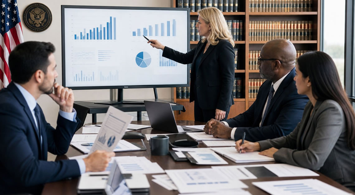 A group of professionals in an office reviewing financial documents and charts related to tax investigations.