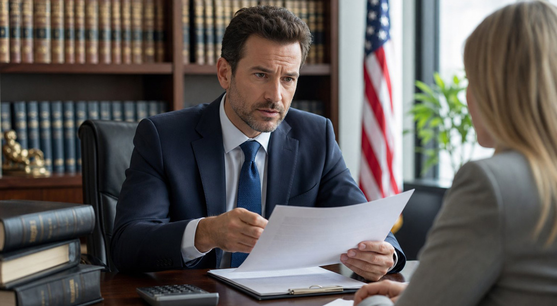 An attorney discussing documents with a client in a modern office with law books and a laptop on the desk.