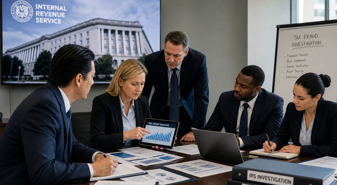 A group of professionals in an office reviewing financial documents and data related to tax fraud.