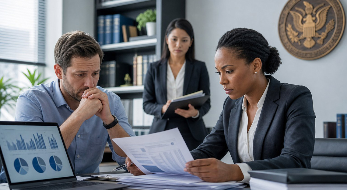 A tax auditor reviews financial documents while a concerned person sits nearby in an office setting.