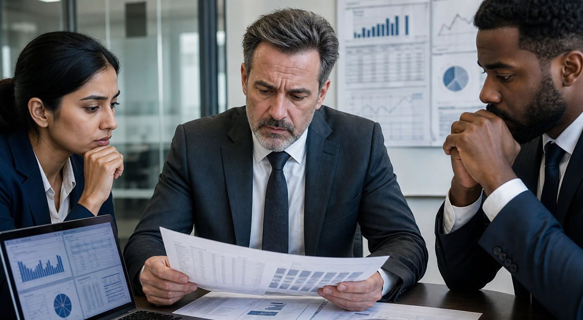 A group of professionals in an office reviewing financial documents and charts related to tax investigations.