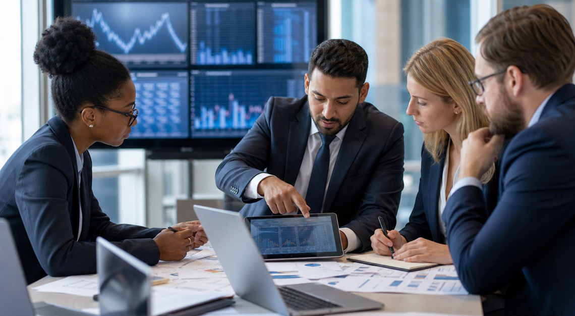 A diverse team of professionals in an office reviewing financial documents and data on laptops and tablets.
