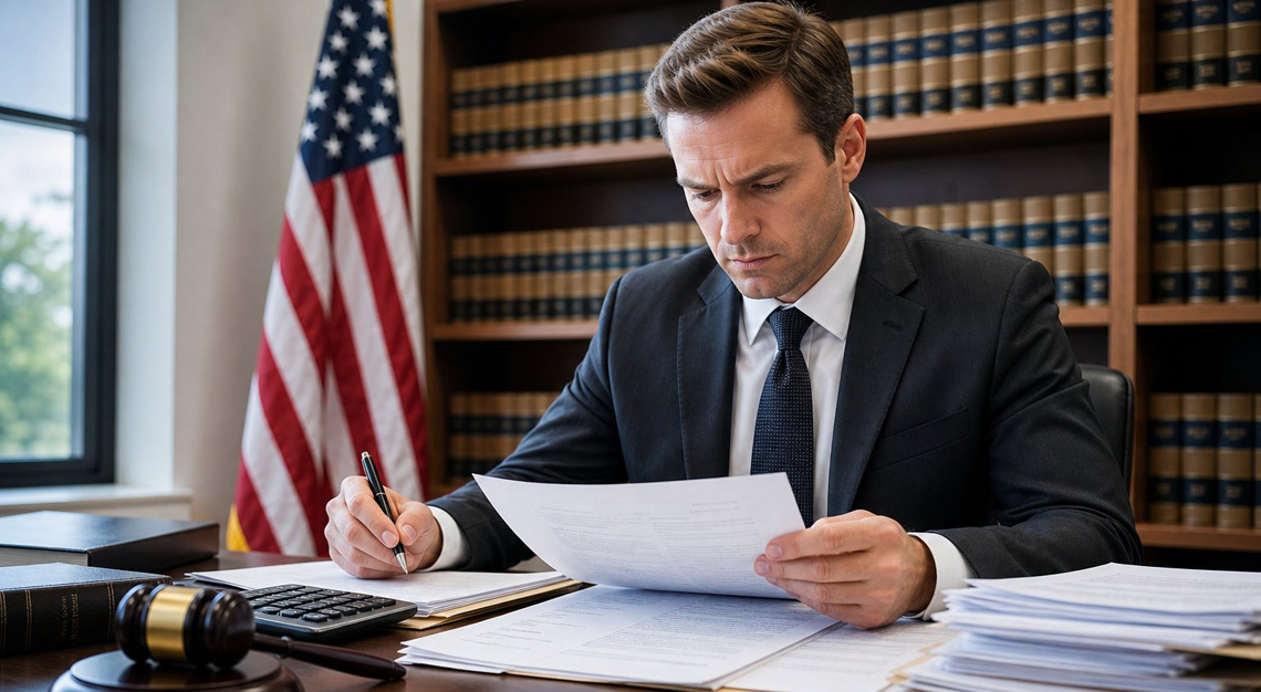 A lawyer reviewing legal and tax documents at a desk with a gavel and handcuffs nearby in an office.