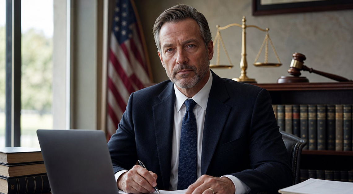 A male lawyer sitting at a desk with legal documents, a scale of justice, and a gavel in a law office.