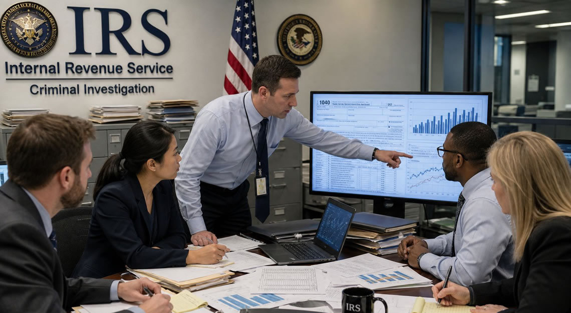 Investigators examining financial documents and computer screens in a government office during a tax fraud investigation.