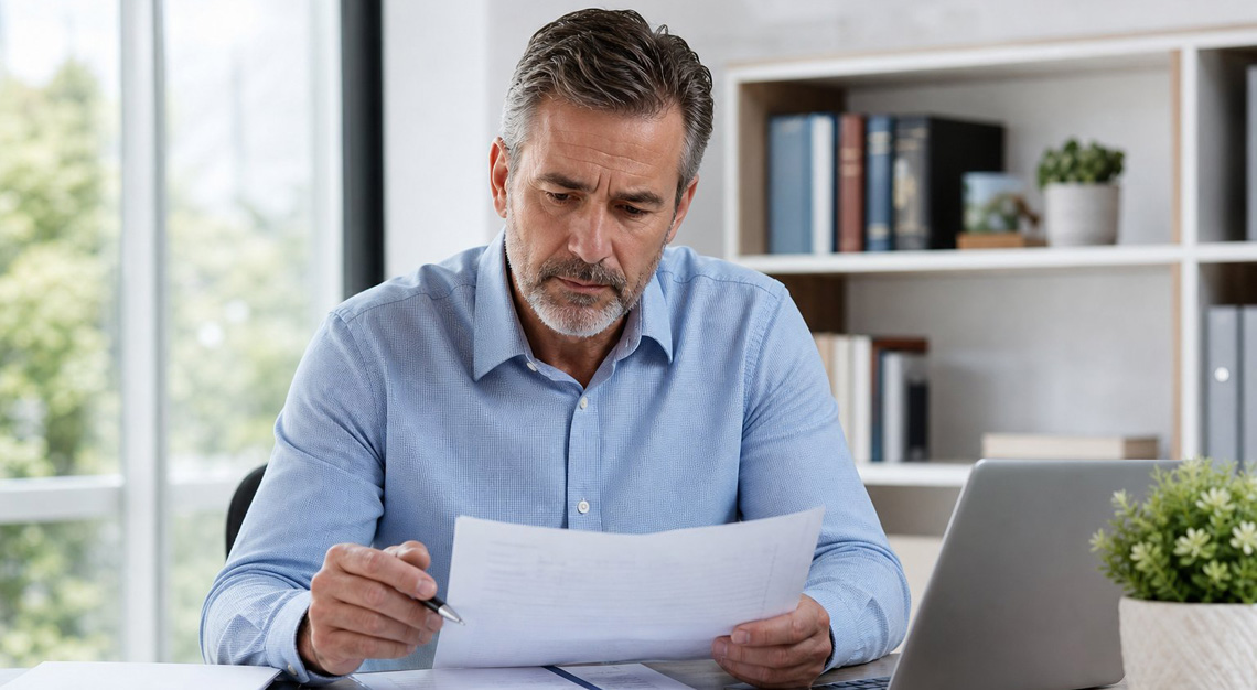 A person sitting at a desk reviewing financial documents with a calculator and laptop in a bright office.