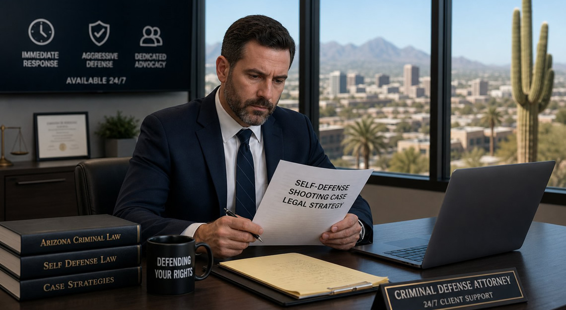 A male criminal defense attorney in a suit sitting at a desk with legal documents and a laptop, with a sunny Arizona cityscape visible through the window behind him.