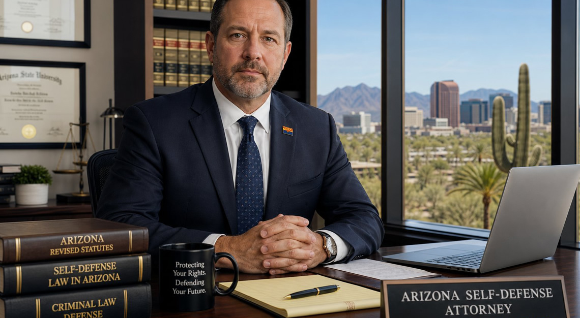 A middle-aged male lawyer in a suit sitting at a desk in an office with a window showing an Arizona cityscape.