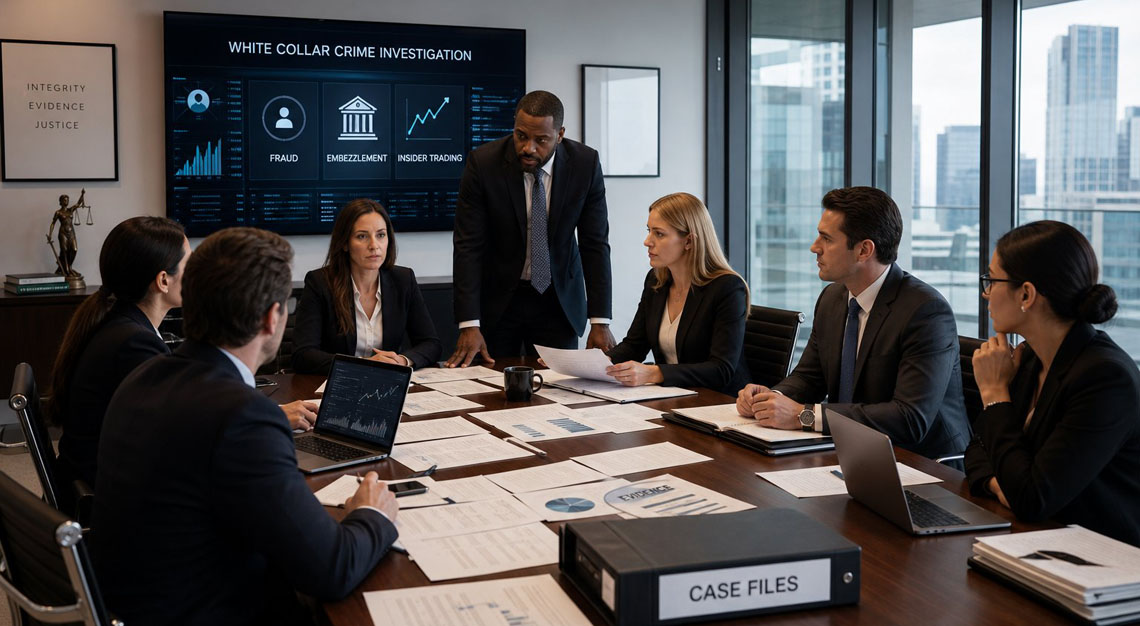 A group of business and legal professionals discussing financial documents around a conference table in a modern office.