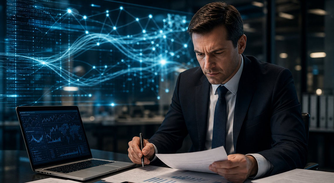 A business professional at a desk reviewing financial documents and digital data with a laptop and smartphone, surrounded by abstract digital network visuals representing wire fraud.
