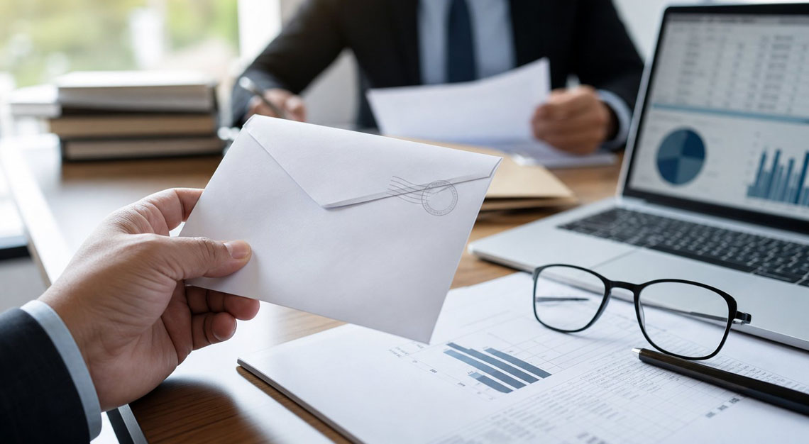 A close-up of a hand holding a sealed envelope on an office desk with documents and a laptop, while a person in business attire reviews paperwork in the background.