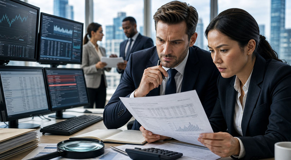 Two professionals examining financial documents and computer screens in a modern office, focusing on identifying suspicious banking activity.