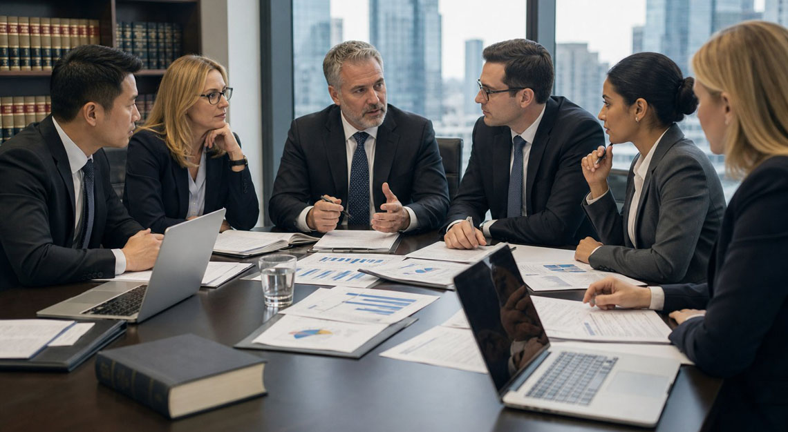 A group of business professionals discussing documents around a conference table in a modern office.