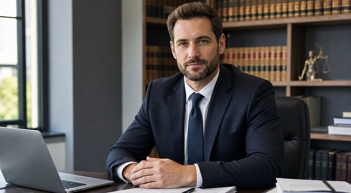 A confident attorney in a suit sitting at a desk with legal documents and a laptop in a modern office with law books and financial items in the background.