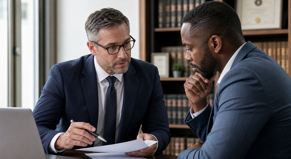 A lawyer consulting a client in a modern office with legal documents and books in the background.