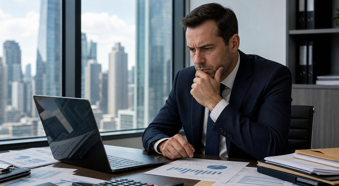 A businessman in a suit sitting at a desk with financial documents and a laptop in a modern office.