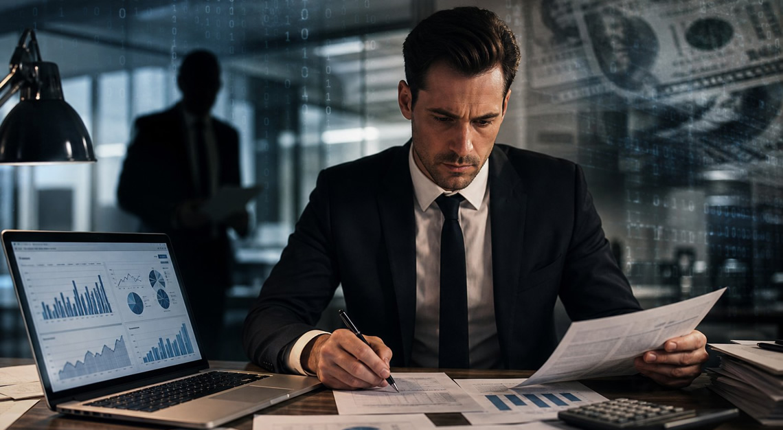 A businessperson in formal attire working at a desk with financial documents and a laptop, symbolizing white collar crime in a modern office.